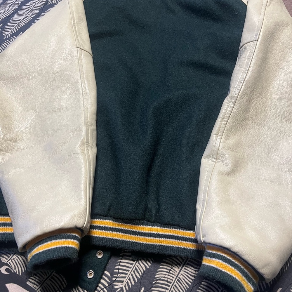 Vintage Green and Yellow Varsity Jacket with W Patch. Says size 44. - Picture 2 of 3